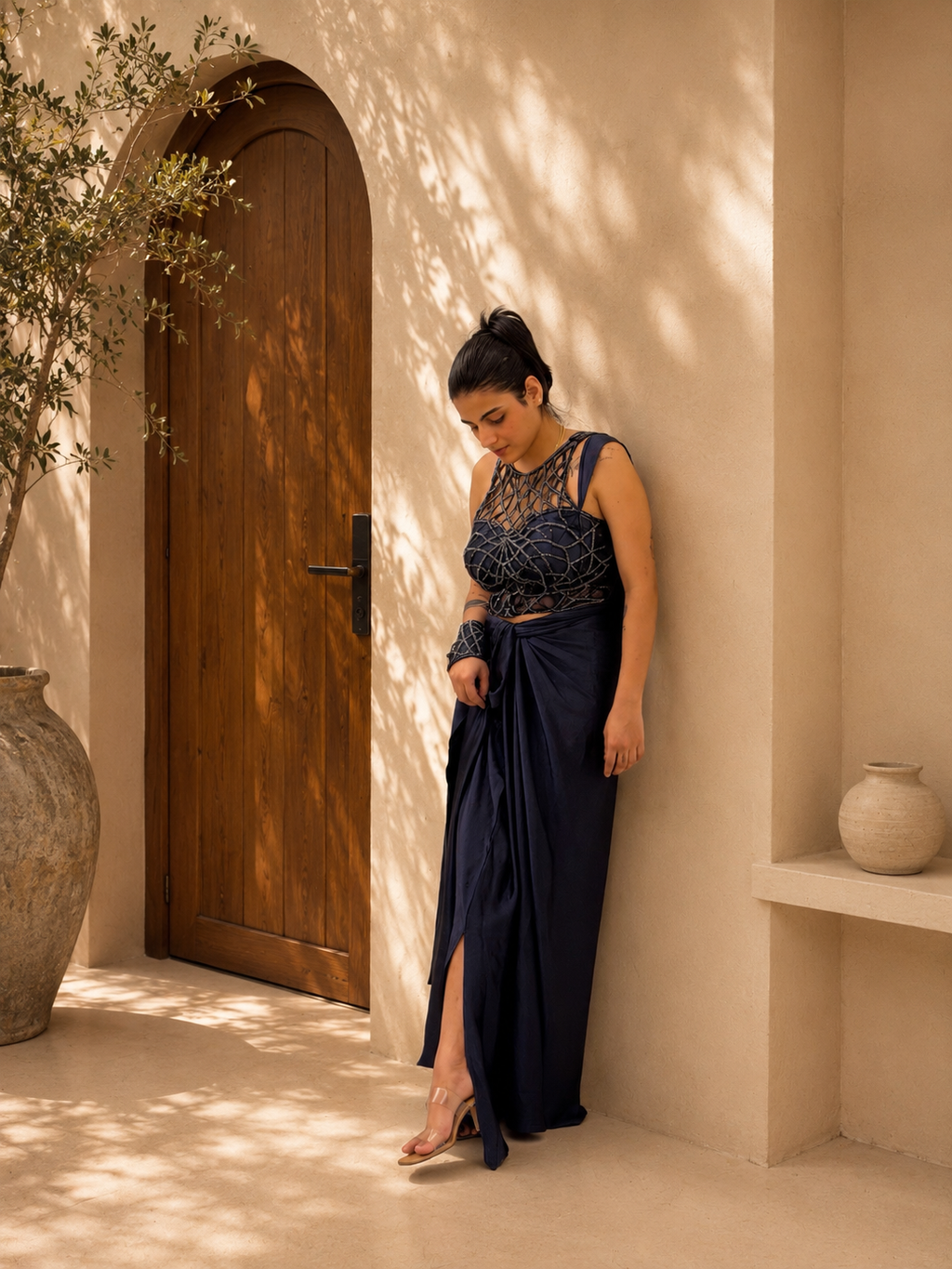 Midnight navy blue pre-draped saree