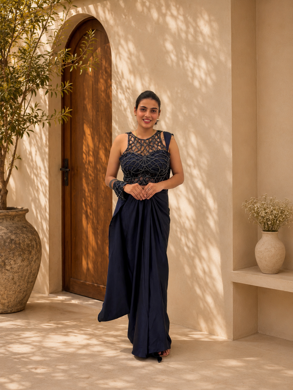 Midnight navy blue pre-draped saree
