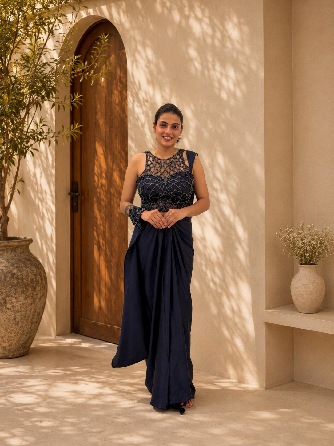 Midnight navy blue pre-draped saree
