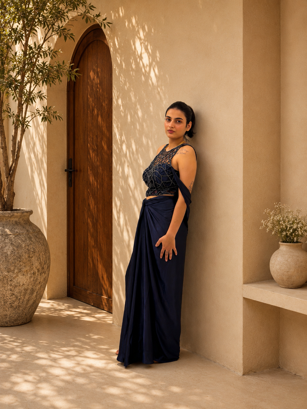 Midnight navy blue pre-draped saree