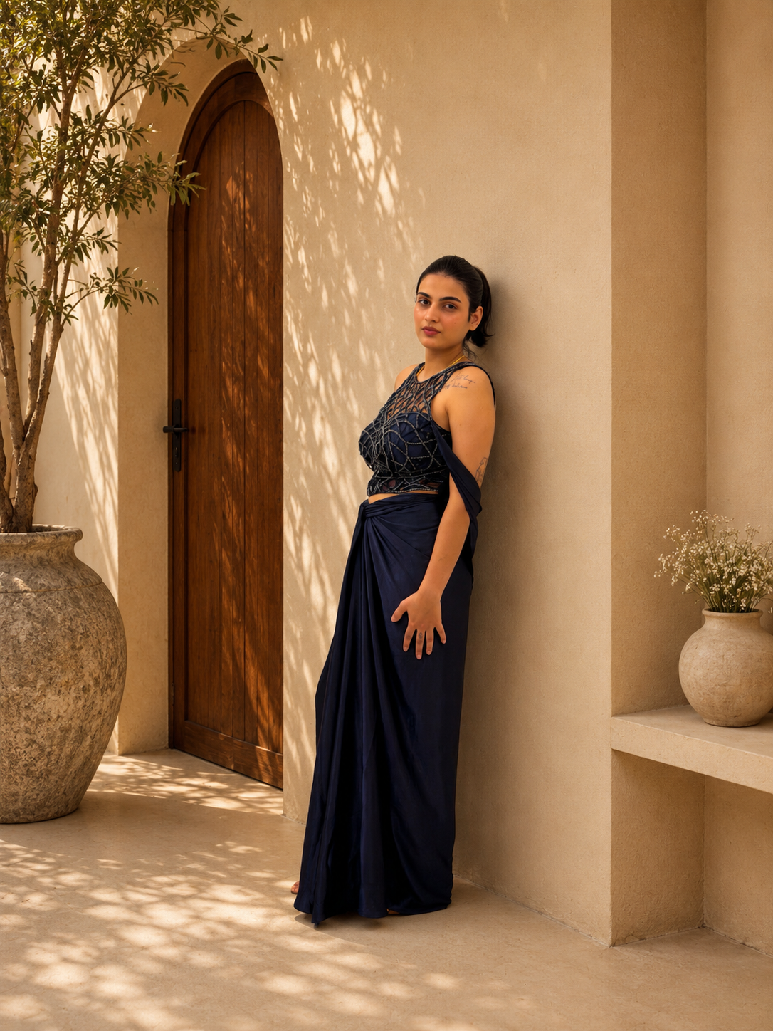 Midnight navy blue pre-draped saree
