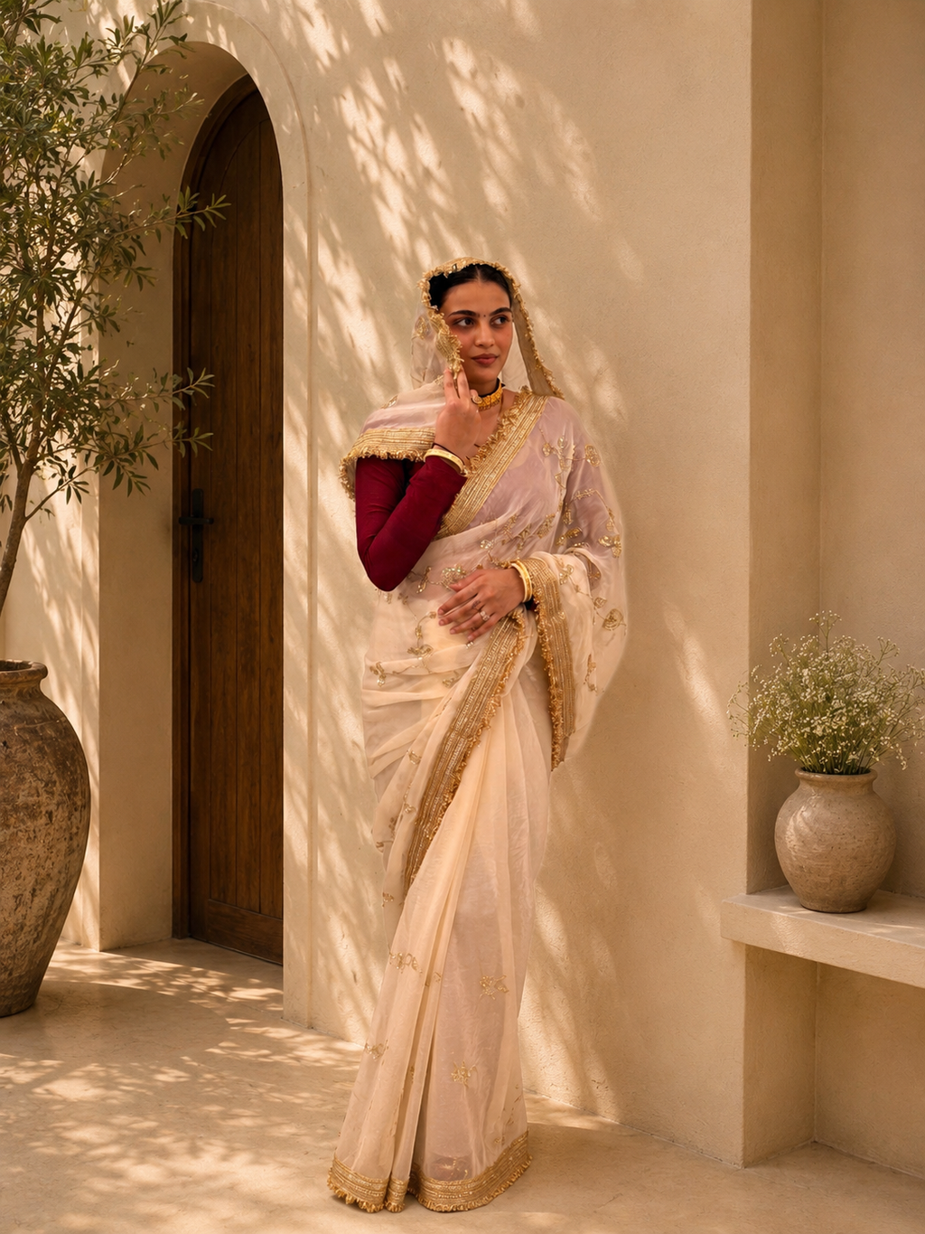 Gold floral embroidery saree