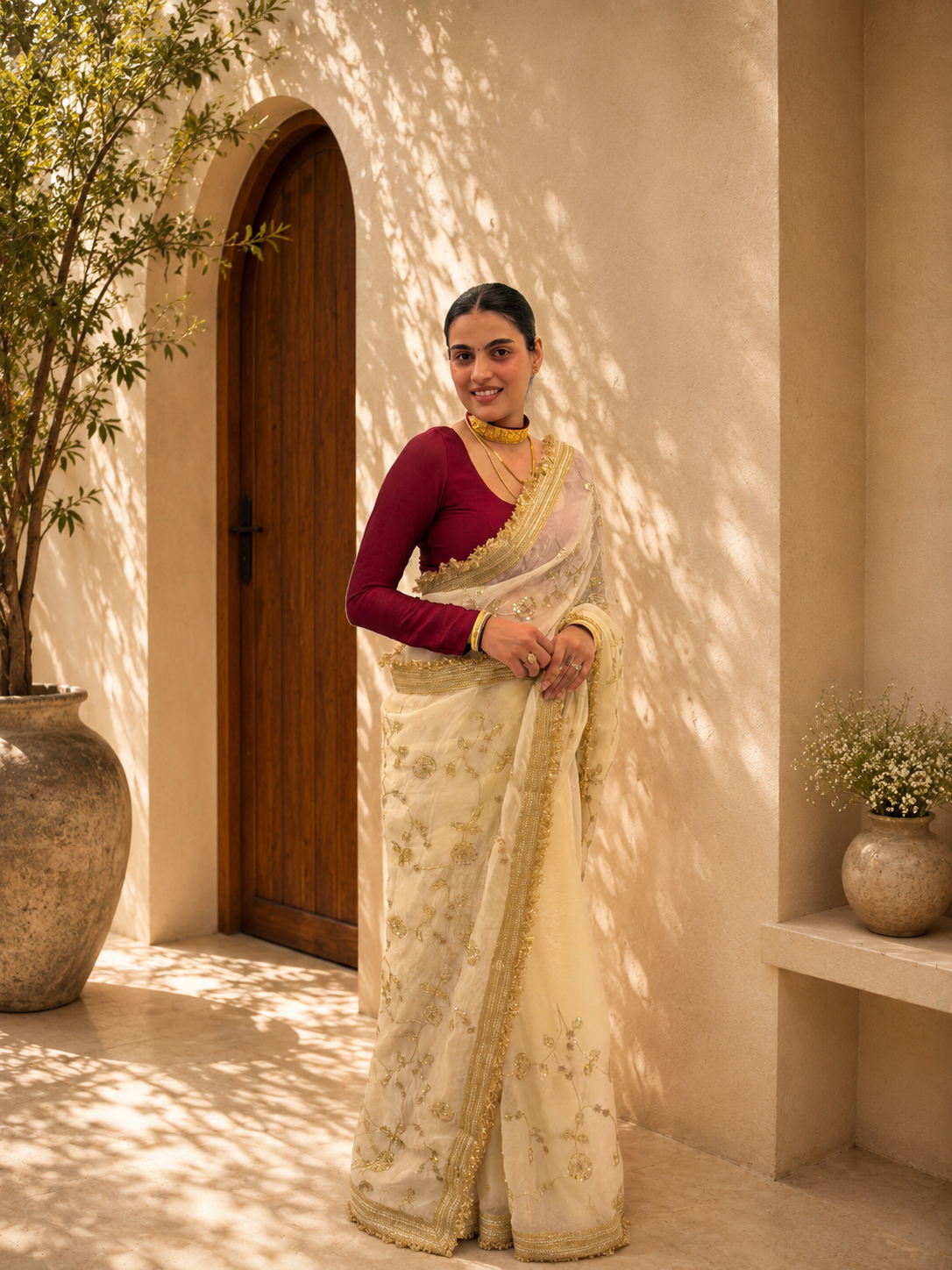 Gold floral embroidery saree